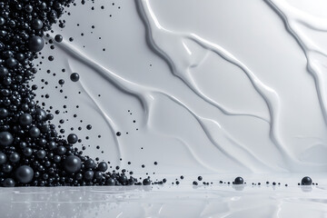 Elegant arrangement of black pearls and white acrylic paint isolated on white background