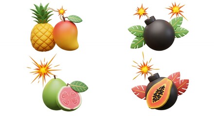 Tropical fruits with cartoon bombs