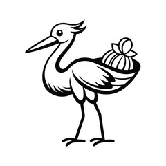 Elegant stork carrying a bundle in a professional outline illustration style