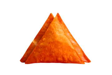 Two golden brown samosas isolated on transparent background, a popular indian snack