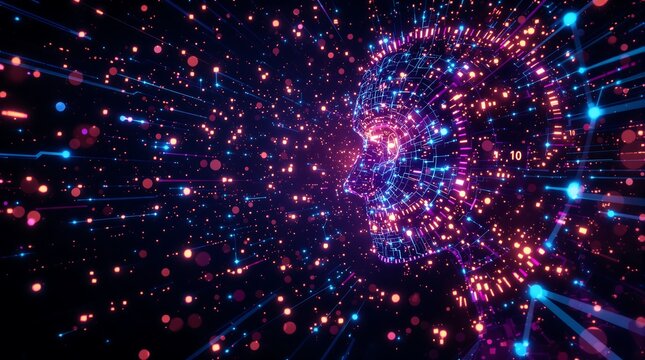 Digital human head silhouette with glowing particles showcasing AI and data visualization