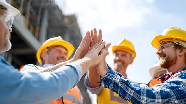 Upward Angle Group Of Cheerful Construction Worker Team High Five Celebration. Ai Generated Images