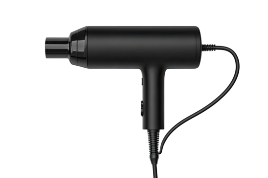 Sleek black hair dryer, side view, showing cord