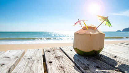Coconut drink with umbrellas on a wooden deck overlooking a beautiful beach scene with blue ocean and sky.
