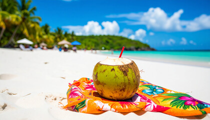 A refreshing coconut drink rests on a colorful towel on a sandy beach with ocean views.
