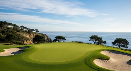 Obraz premium Beautiful golf course green with sand traps overlooking the ocean and cliffs