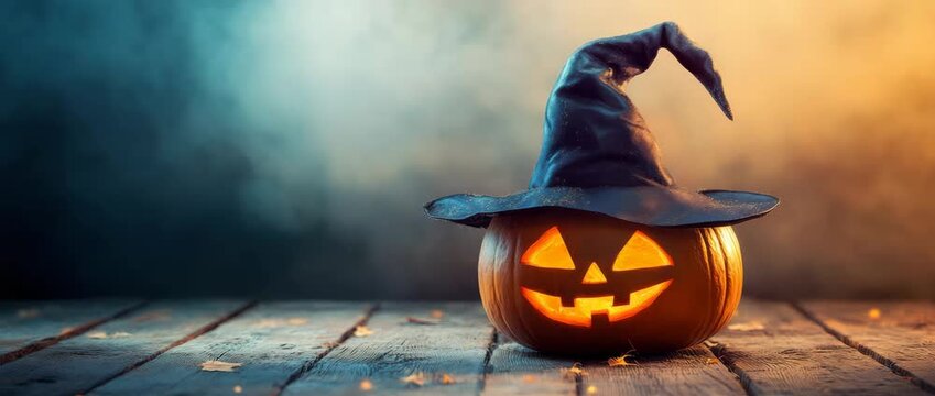 Jack o lantern pumpkin with glowing carved face wearing crooked witch hat on wooden floor with smoky background creating spooky Halloween atmosphere in autumn orange hues