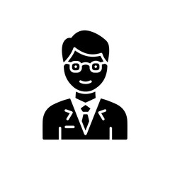 Smiling businessman icon with glasses suit and tie in a simple design.