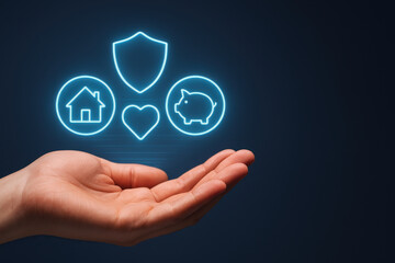 Digital finance investment icon insurance concept with glowing neon symbols of house piggy bank shield and heart above open hand representing protection and savings