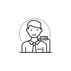 Smiling Businessperson with a Device Icon on Outline Style.