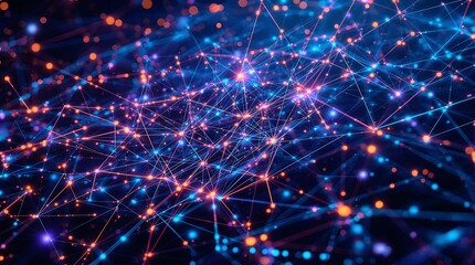 Dynamic digital network with glowing connections and abstract vibrant data flow design