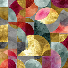 Bauhaus half-circle pattern with metallic gold foil and watercolor pastel fill