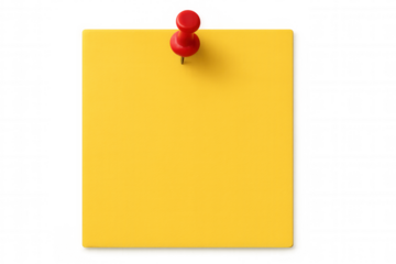 Yellow sticky note pinned by red thumbtack, hanging against transparent surface for clear messaging and reminder display