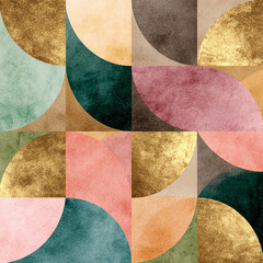 Bauhaus half-circle pattern with metallic gold foil and watercolor pastel fill