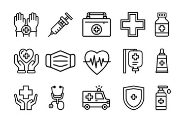 Medical elements icon set on white background. Symbol of syringe, heartbeat, medical mask, infusion, stethoscope, healthcare, ambulance, antiseptic, and ointment. Medical outline vector stock
