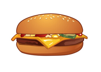 Classic cheeseburger featuring melted cheese, pickles, and ketchup nestled in a soft sesame seed bun for a comforting meal option. Food concept