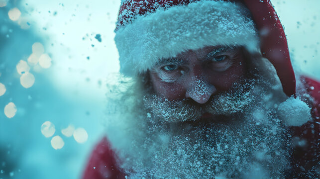 A close-up shot of a man with a long white beard, dressed as Santa Claus, his face covered in snowflakes. The image is moody, with cool-toned lighting, creating a festive winter atmosphere.