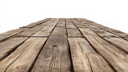 Fototapeta premium rustic wooden surface made of old, reclaimed planks isolated on white background. The perspective adds depth.
