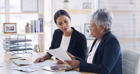 Elderly woman, attorney and reading document in office for planning, debt settlement and legal...