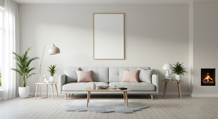 Elegant Living Room Interior with Gray Sofa and Fireplace Enhancing Home Comfort and Serenity Design for Modern Dwellings