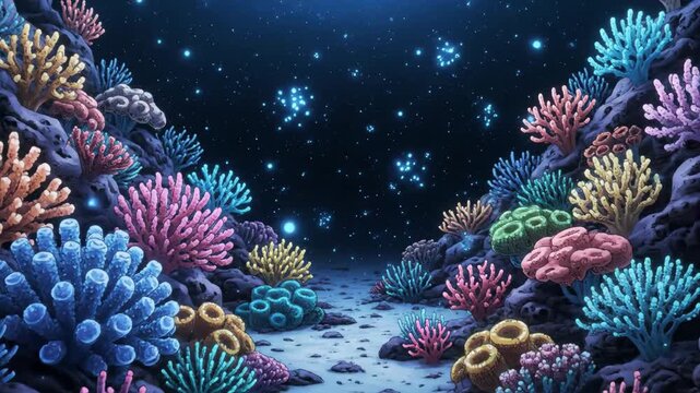 Anime Nighttime Coral Reef - Vibrant, stylized coral polyps and rocks populate this nighttime underwater scene, video in a seamless looping anime cartoon illustration style.