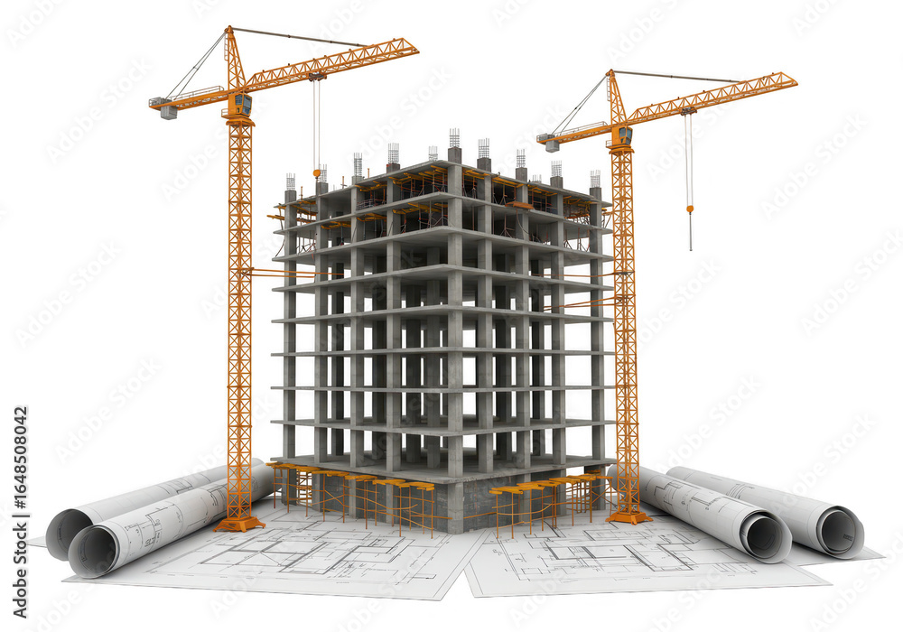 Poster Construction site with cranes and building framework, blueprints and architectural plans, isolated on transparent background