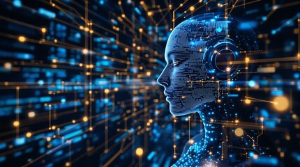 Futuristic AI concept with circuit board design and digital human face profile view