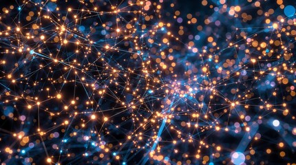 Dynamic network connections with glowing nodes represent data flow and digital innovation