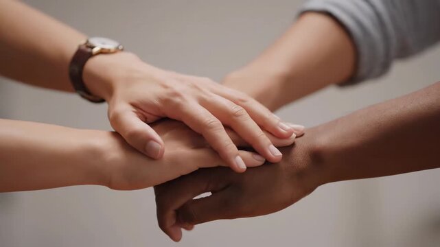 Unity and Diversity: Hands Together - A close-up shot showcases three diverse hands layered on top of each other, symbolizing teamwork, collaboration, and unity.