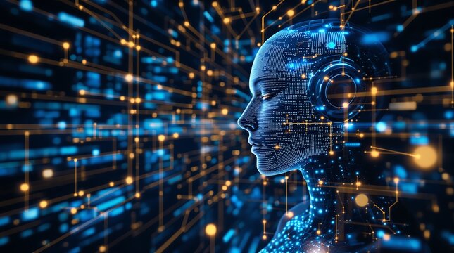 Futuristic AI concept with circuit board design and digital human face profile view