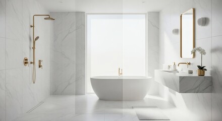 Elegant and bright modern bathroom interior with a freestanding tub, marble walls, and luxurious gold fixtures.