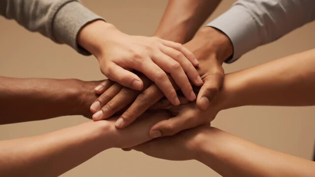 Unity and Diversity: Hands Joined in Teamwork - A close-up shot depicts several diverse hands layered on top of each other, symbolizing unity, teamwork, and collaboration.