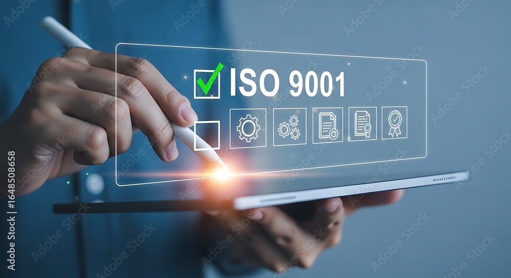 Poster businessman using a digital tablet for quality management system certification, ensuring business pr