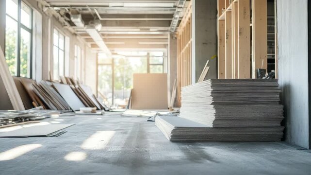 Stack of drywall sheets at construction site with wooden framing and large windows showcasing unfinished interior space filled with natural light, building materials, renovation, and sheet material