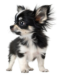 Cute long haired Chihuahua puppy standing isolated on white background