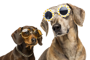 Funny dogs wearing sunglasses and flower headband isolated on white background