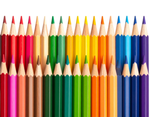 Row of sharpened colored pencils in rainbow order, PNG cutout on transparent background