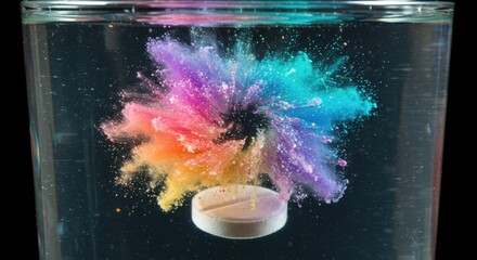 Effervescent medicine tablet dissolving and creating vibrant rainbow colored streaks in water