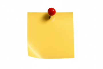Yellow sticky note pinned with red pushpin against transparent backdrop, highlighting clean communication and note-taking concept