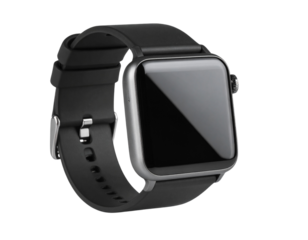 Luxury black smart watch angled view PNG with reflective highlights and shadow