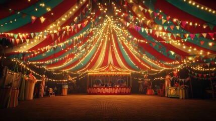 Illuminated circus tent interior at night, showing colorful stripes, flags, and lights.