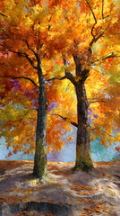 Obraz premium Scenic Beauty of Autumn: Vibrant Tapestry of Colorful Leaves on Trees Creating a Picturesque Fall Landscape
