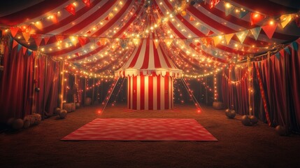 Illuminated circus tent interior at night with red carpet, stage, and bunting.
