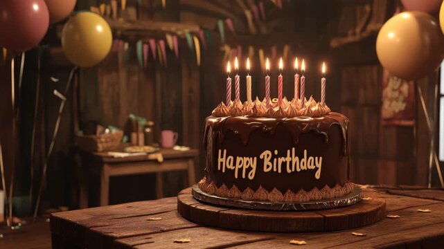 Chocolate cake birthday cake with lit candle on wooden table featuring balloon decoration and bunting for festive celebration dessert party celebration warm joyful atmosphere
