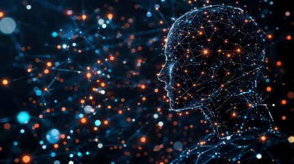 Modern AI concept with digital human profile and connected network data visualization