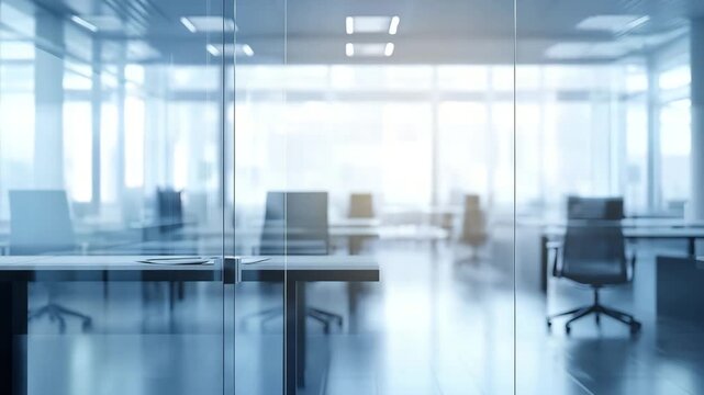 Modern office interior featuring glass walls, swivel chairs, and desks in bright workspace with natural light, creating calm, professional business and corporate environment