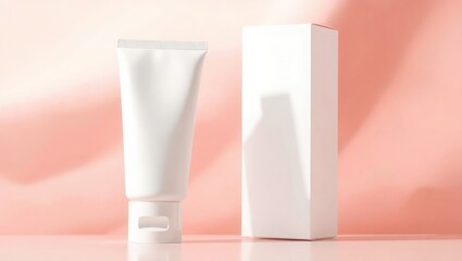 A white cosmetic tube and its accompanying box displayed against a soft, pink background.
