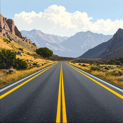 Fototapeta premium A straight asphalt road stretches into the distance, framed by mountains and scenic landscape.