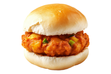 Crispy chicken sandwich Vada pav with red onions, herbs, and soft bun isolated on a white transparent background, concept of fast food meal