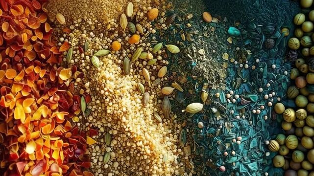 A captivating close-up of a variety of colorful spices and herbs, beautifully illuminated to highlight their vibrant colors and rich textures, perfect for culinary-themed concepts.
